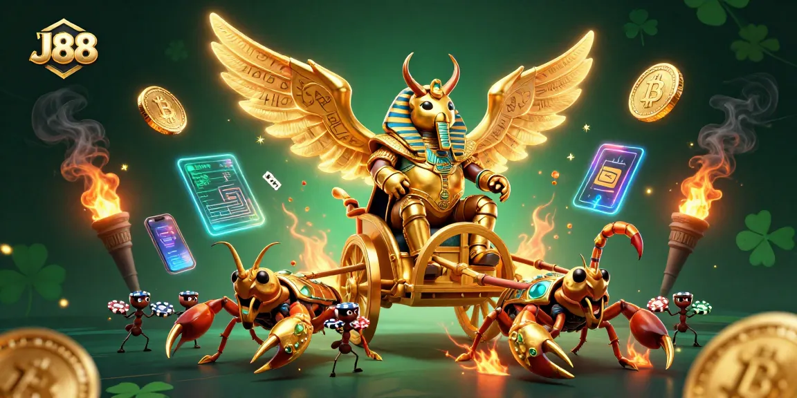 J88 offers thrilling gaming experiences as a golden scarab beetle leads a casino adventure.