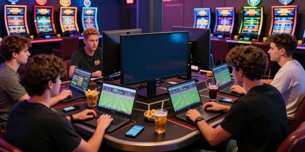 8kbeteu.com gaming lounge scene with friends enjoying sports betting