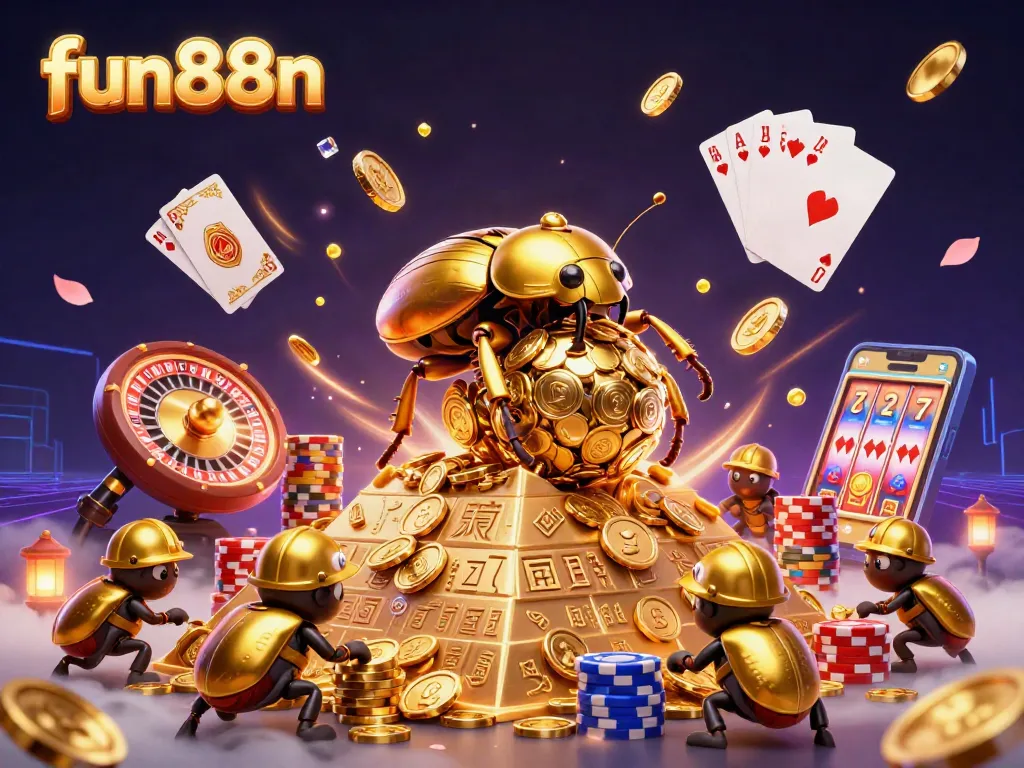 Fun88n's animated scene features a golden beetle treasure hunt among dynamic casino elements.