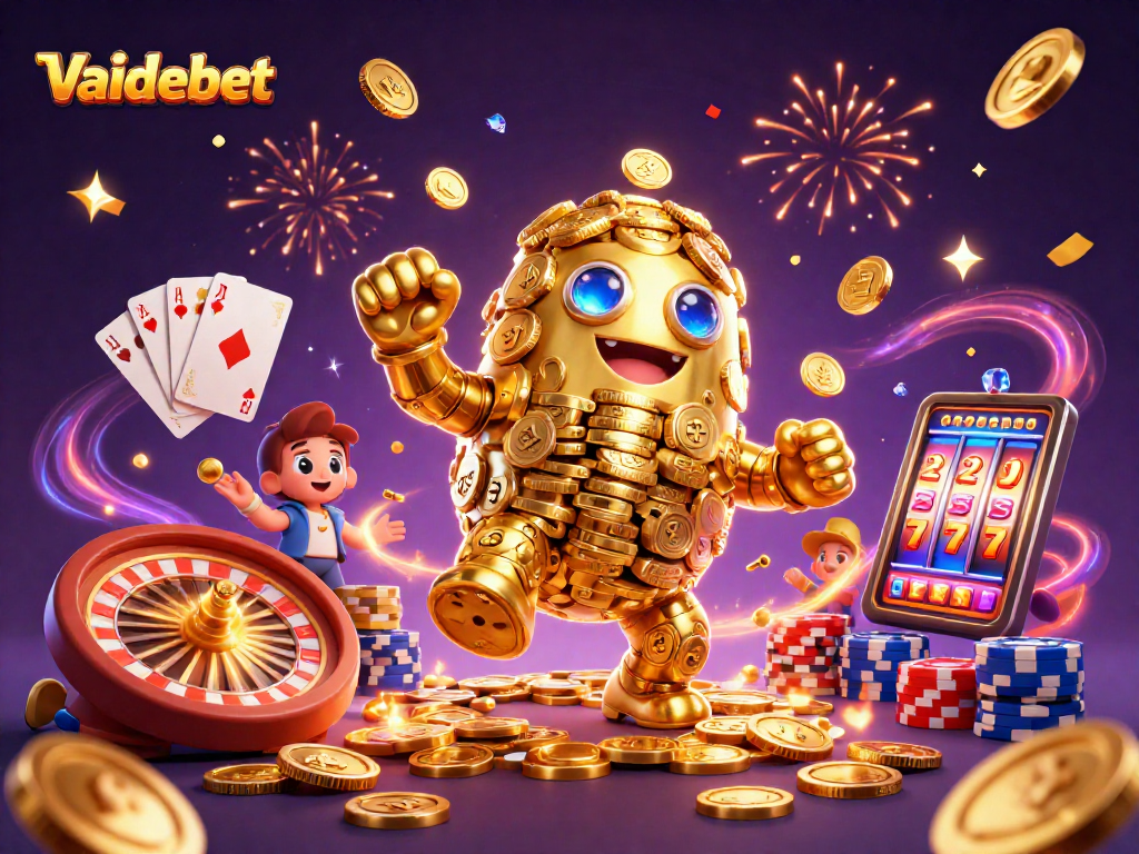 Experience the thrilling world of Vaidebet with a vibrant 3D casino scene showcasing golden golems, cascading coins, and dynamic game elements.