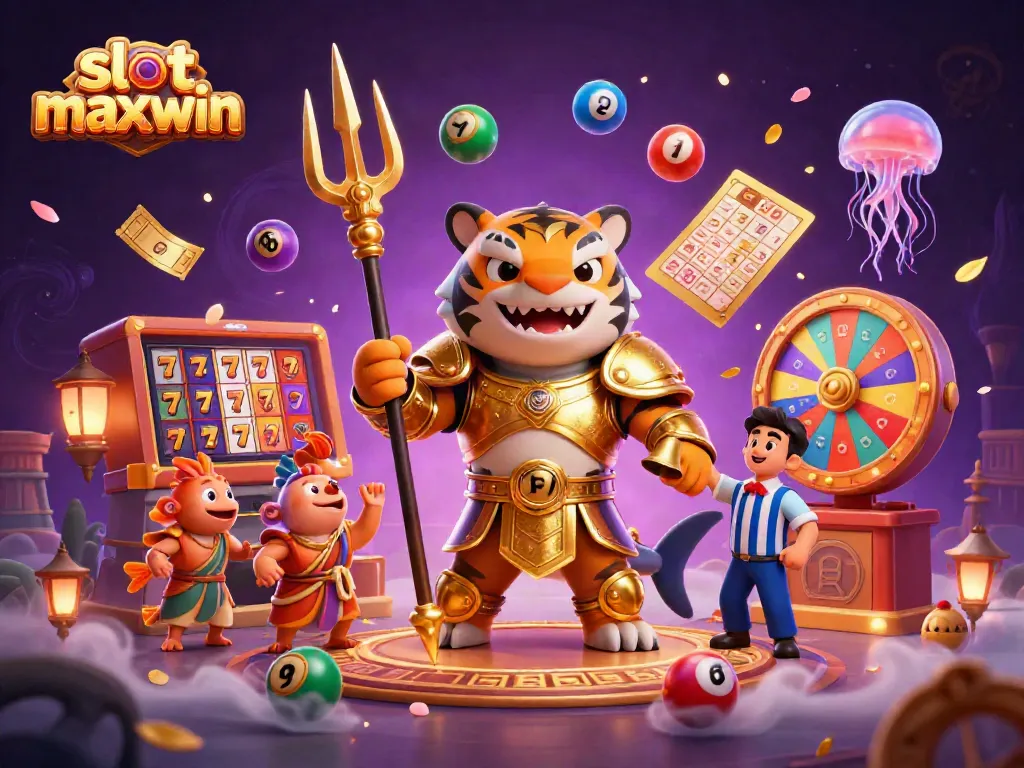 Experience the excitement of slot maxwin with an underwater colosseum scene featuring a gladiator tiger shark and colorful slot elements.