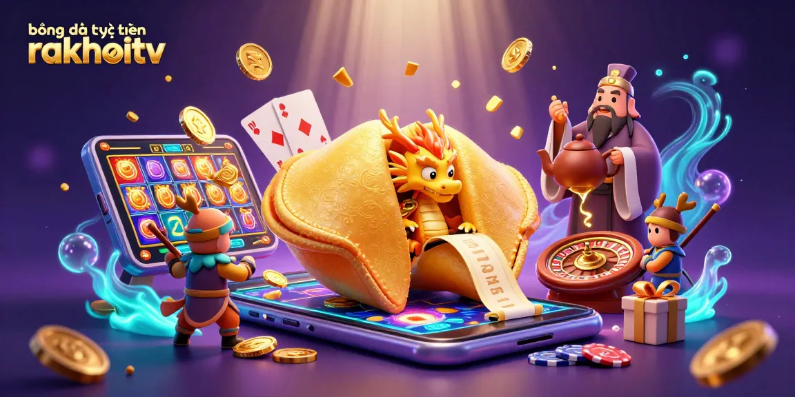 Bet on bóng đá trực tuyến rakhoitv with a vibrant 3D casino scene filled with colorful gaming elements.