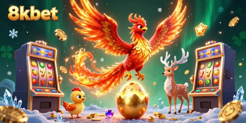 Engage with thrilling games at 8xbet, featuring phoenixes and casino elements in a vivid illustration.