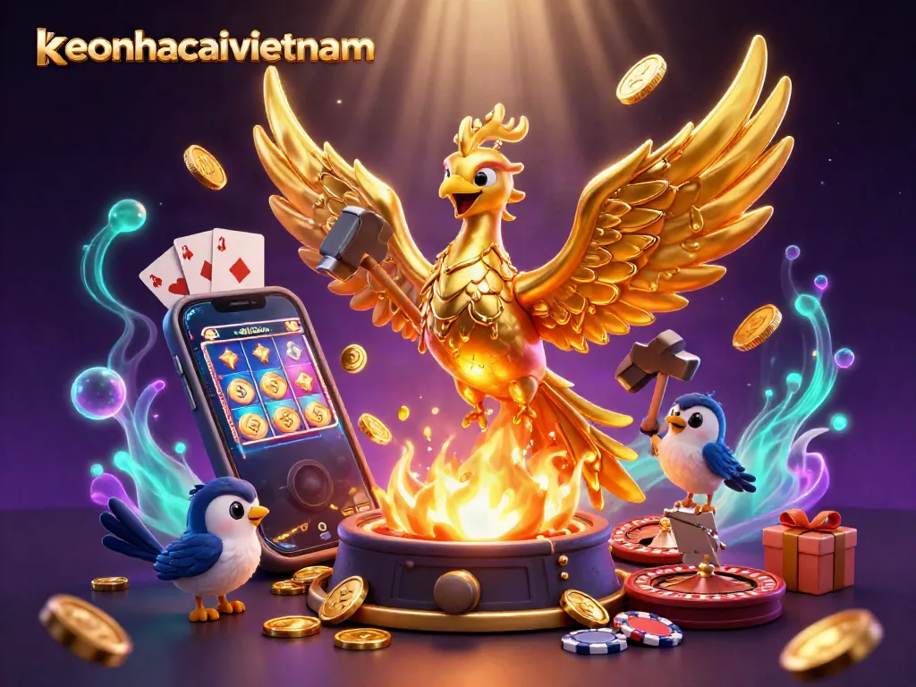 Experience the captivating keonhacaivietnam slot game adventure with golden phoenixes and vibrant casino elements.