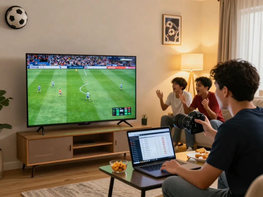 Socolive live soccer streaming setup with friends enjoying a match.