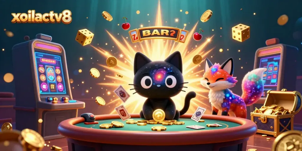 Experience exhilarating gaming with xoilactv8 as cosmic characters spark excitement at a vibrant casino table.