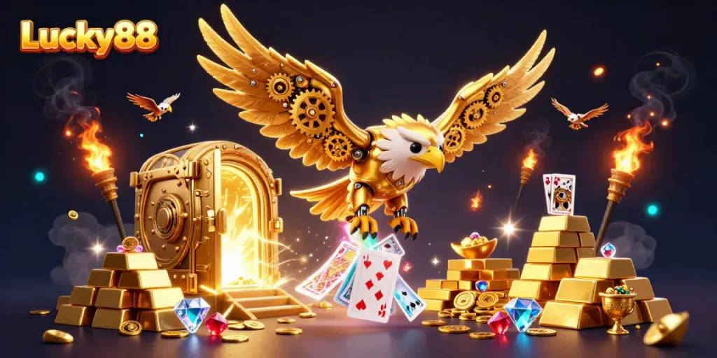 Experience thrilling excitement at Lucky88 as a golden eagle dives through dazzling holographic cards amid treasure.