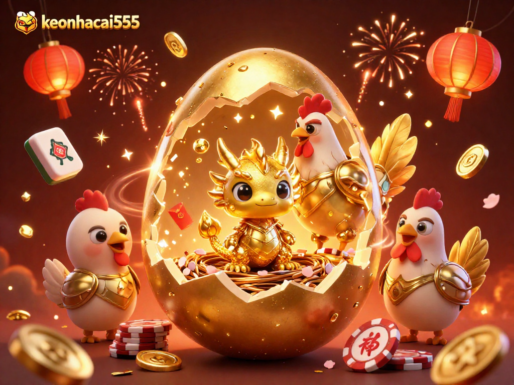 Experience the thrill at keonhacai555 with a golden dragon amid festive gambling elements.