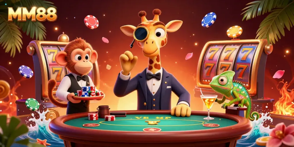 Experience excitement with MM88 at a vibrant casino scene featuring a high-roller giraffe, monkey valet, and chameleon bartender!
