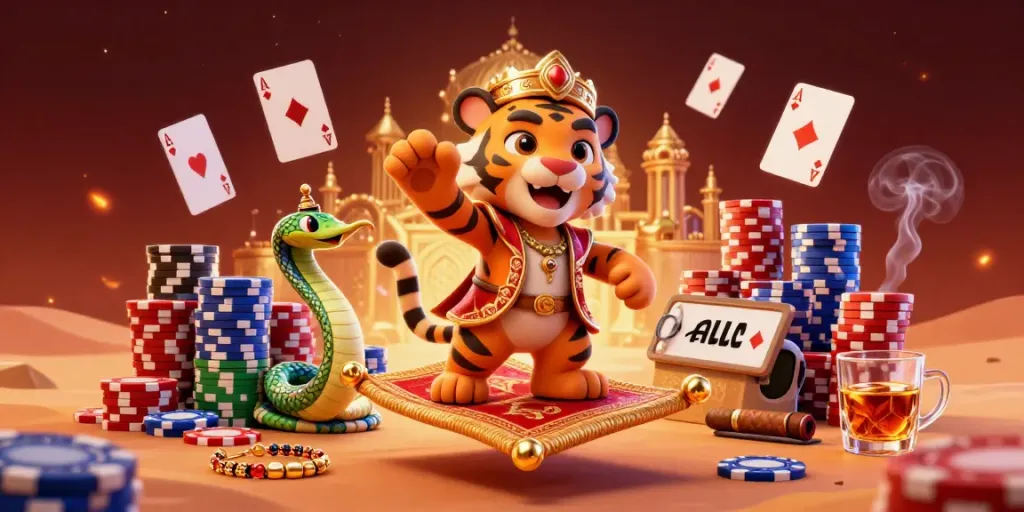 Experience luck8 with a vibrant casino atmosphere showcasing poker chips, a tiger sultan, and gold treasures.