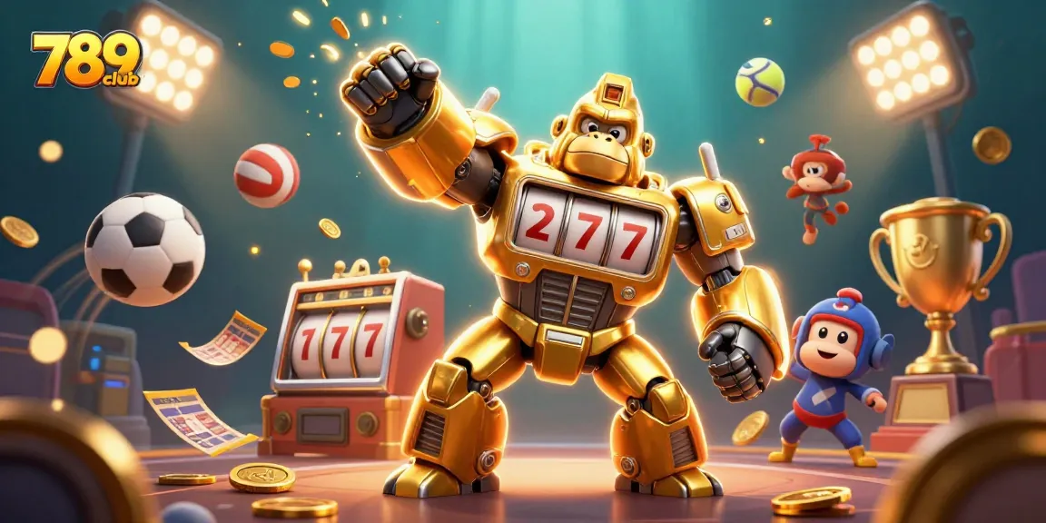 Experience thrilling gameplay at 789club with dynamic gaming elements surrounding an exciting golden mech.