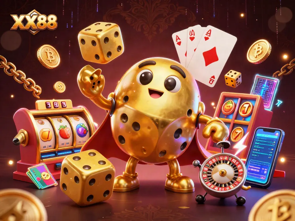 Engage in high-stakes gameplay at XX88 casino with vibrant 3D dice and slot machines.