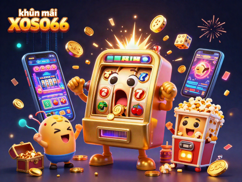 Experience the thrill of khuyến mãi XOSO66 with a jubilant golden slot machine celebrating its jackpot.