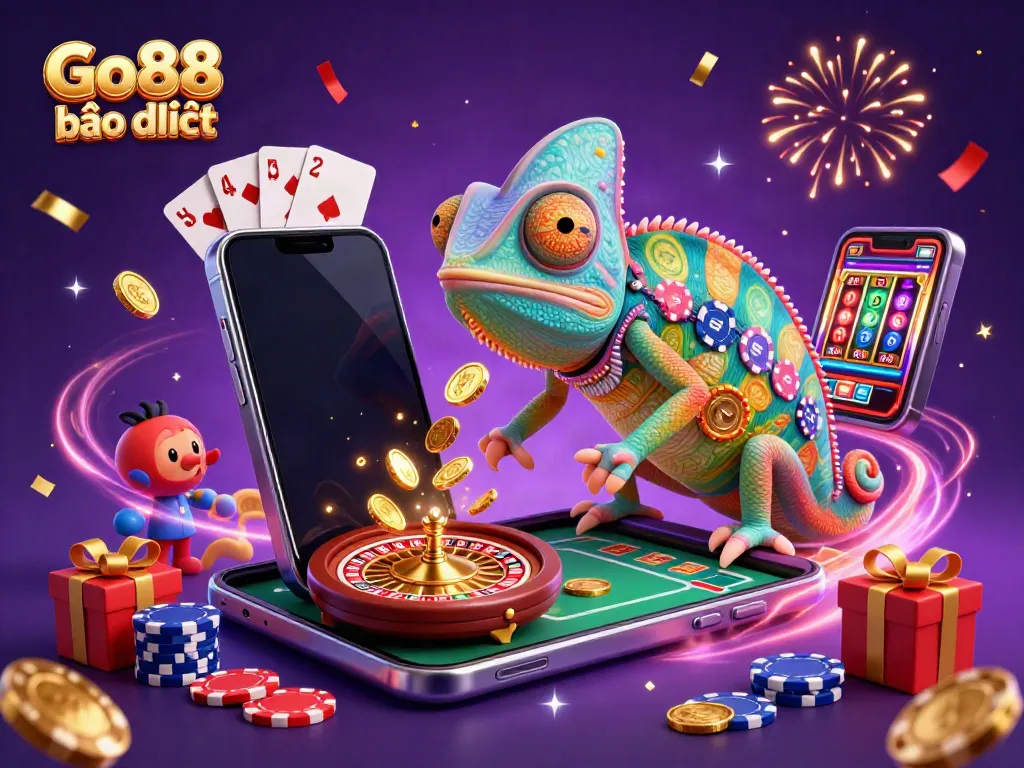 Engage with Go88 bảo mật in a vibrant online casino scene featuring a colorful chameleon character amidst gaming excitement.