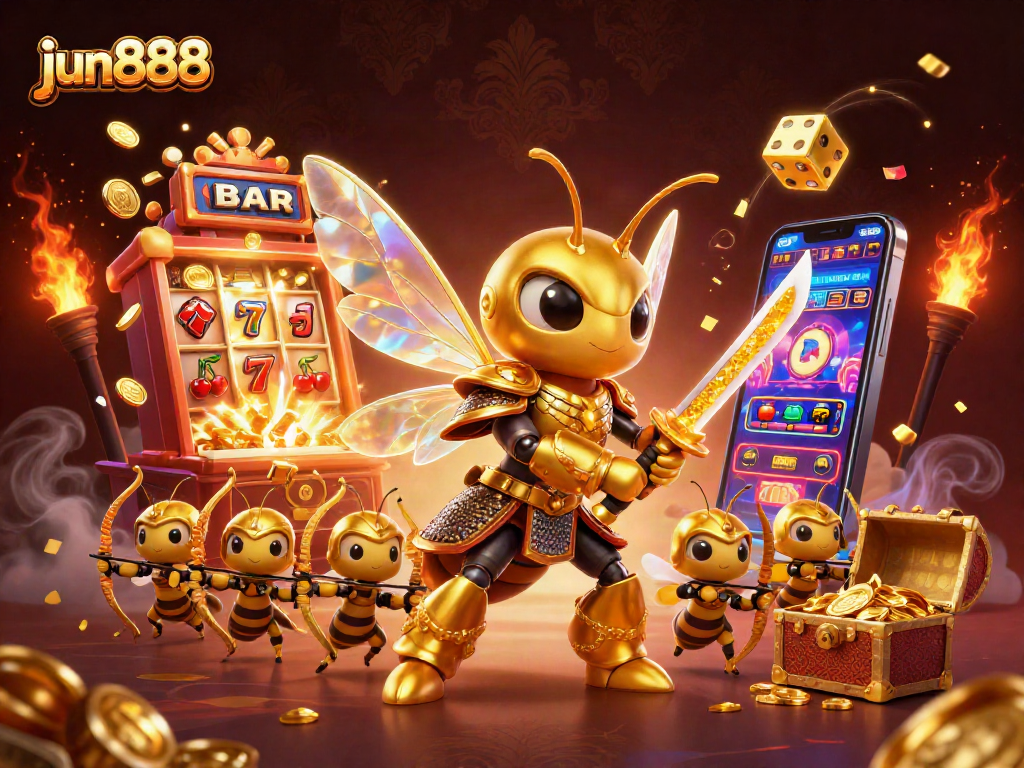 Experience wins with jun888 in a dazzling casino adventure featuring 3D characters and vibrant gaming elements.
