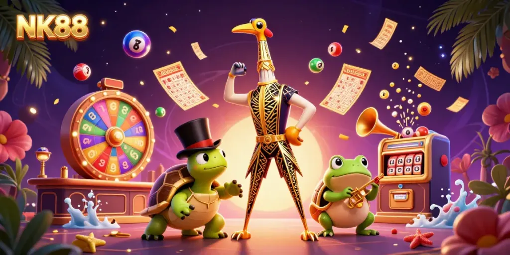 Engage with NK88 in this vibrant 3D illustration showcasing exciting lottery elements and characters.