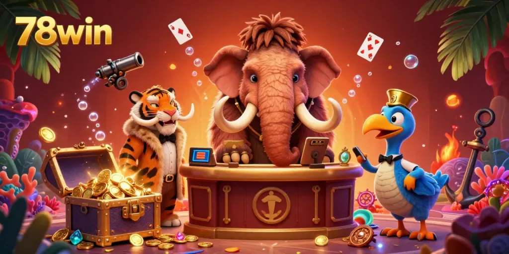 Join the excitement at 78win with a woolly mammoth bouncer checking IDs in a vibrant casino scene.