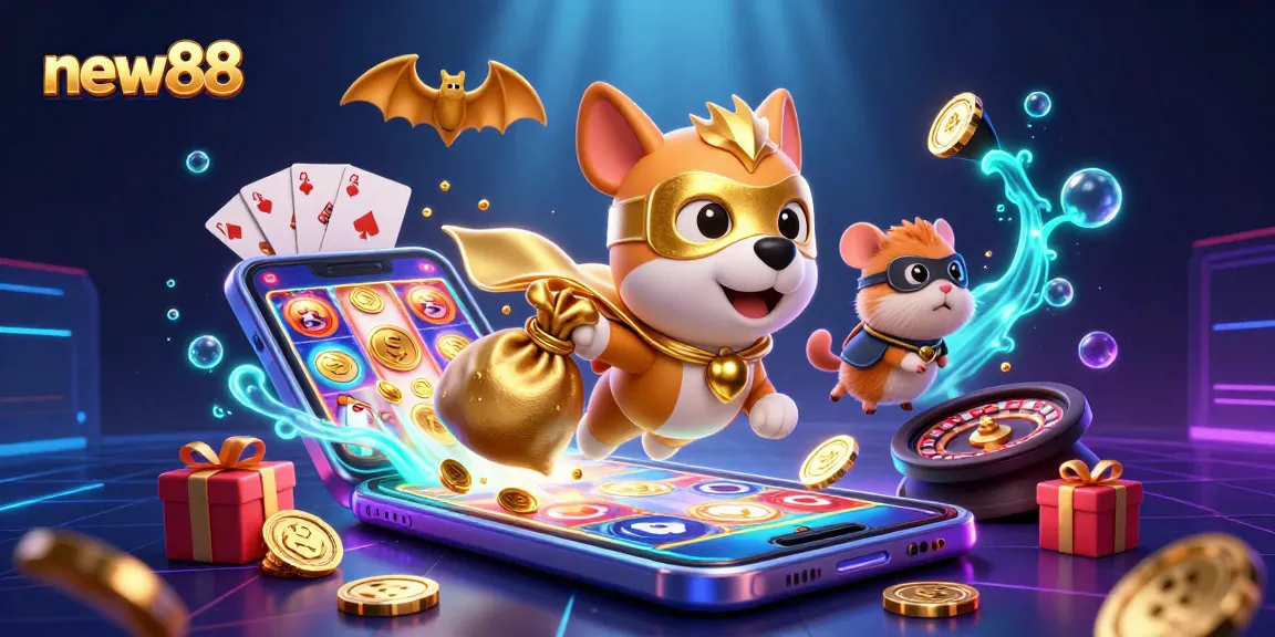Experience new88's excitement with a superhero dog flying through vibrant casino elements.