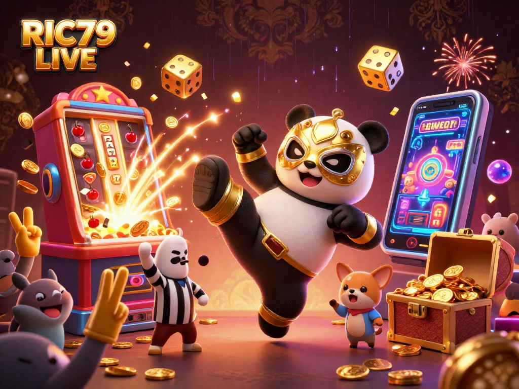 Experience RIC79 LIVE action with a panda wrestler and casino excitement in this 3D illustration.