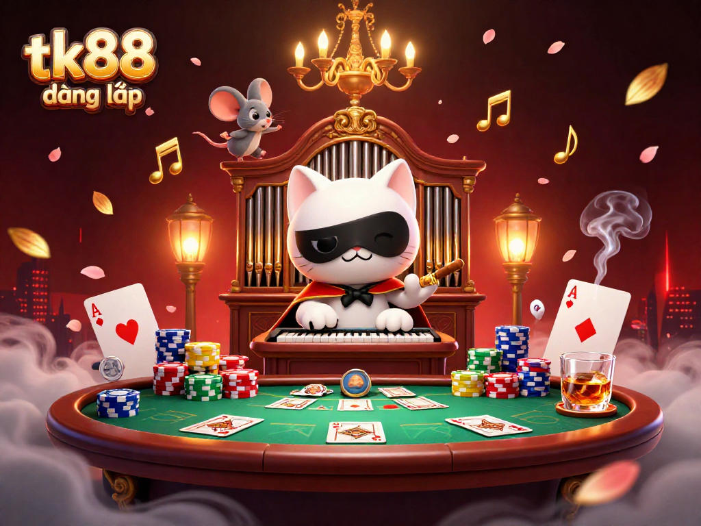 Experience thrilling action in this vibrant 3D casino scene showcasing tk88 đăng nhập and exciting poker elements.