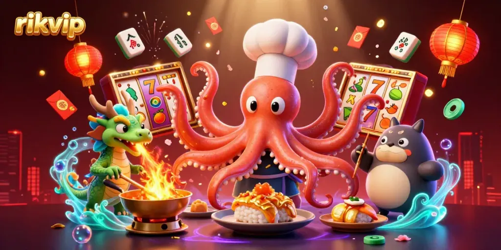 Experience rich gaming at rikvip with vibrant slot reels, winning symbols, and dynamic characters.