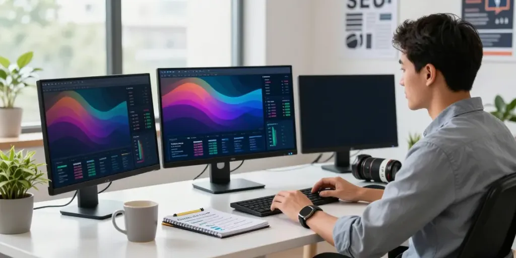 Digital marketing workspace showcasing instant indexing strategies and analytics.