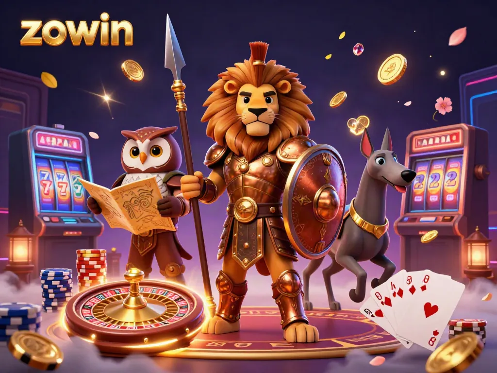 Engage in thrilling gameplay with Zowin, depicted in a vibrant casino atmosphere filled with golden coins and poker chips.