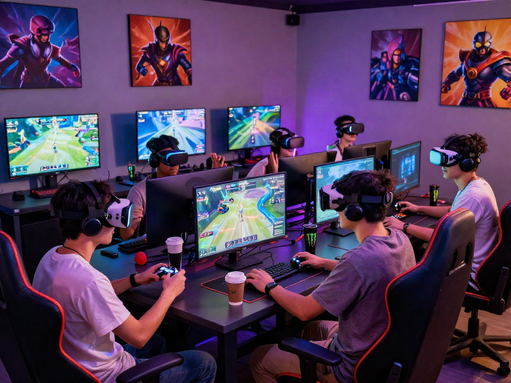 Engaged group enjoying an adult game session in a vibrant gaming environment with VR headsets and colorful decor.