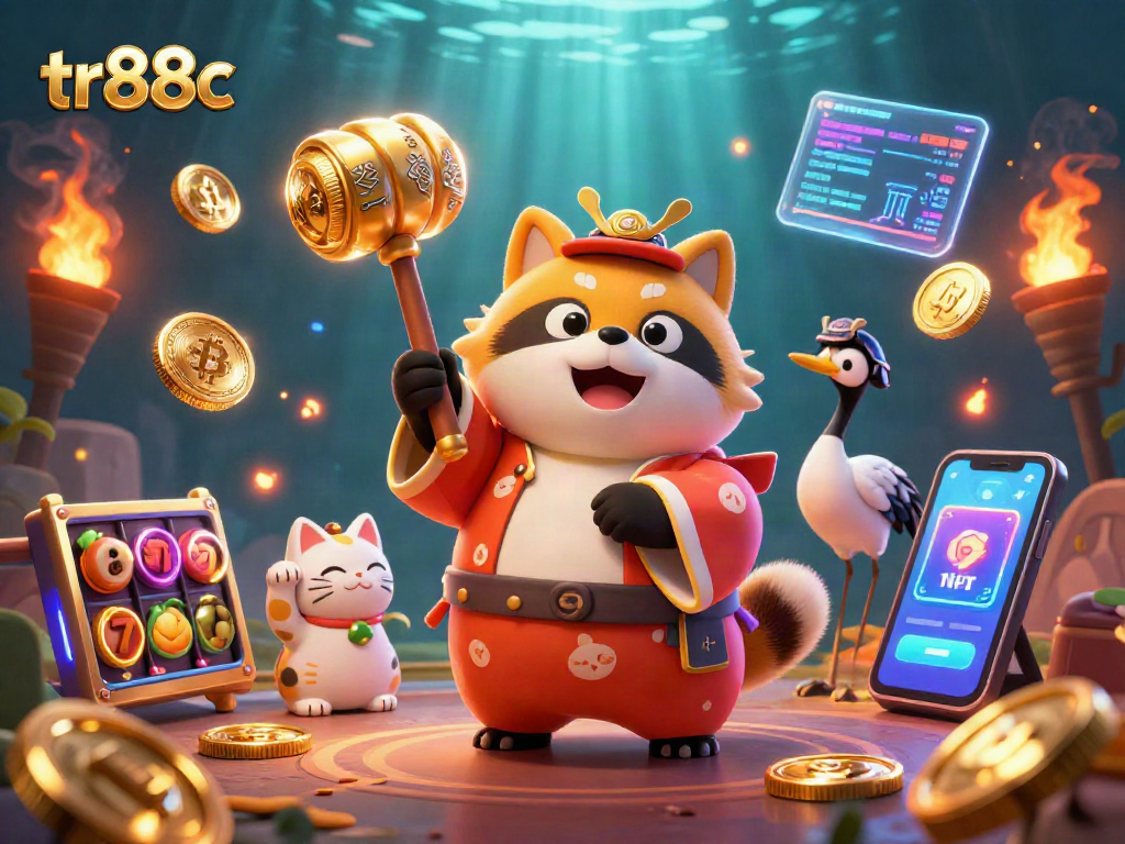 Experience exciting gameplay with tr88c's vibrant casino scene featuring unique characters and cryptocurrency elements.