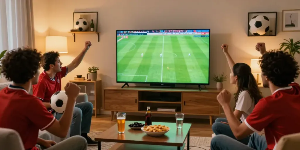 Thapcamtv fans enjoying a thrilling football match in a vibrant living room.