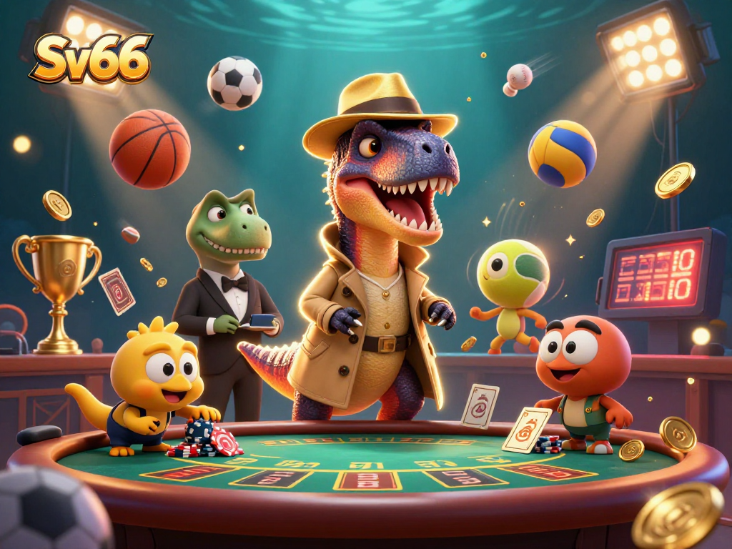Experience the excitement of Sv66 with a velociraptor card counter and a stegosaurus pit boss amidst dynamic sports elements.