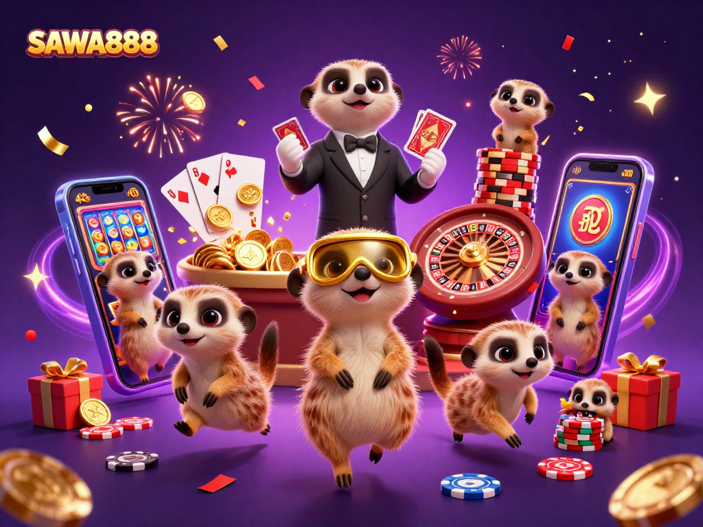 Experience the excitement with SAWA888 as meerkats run a lively casino filled with fun gaming elements.