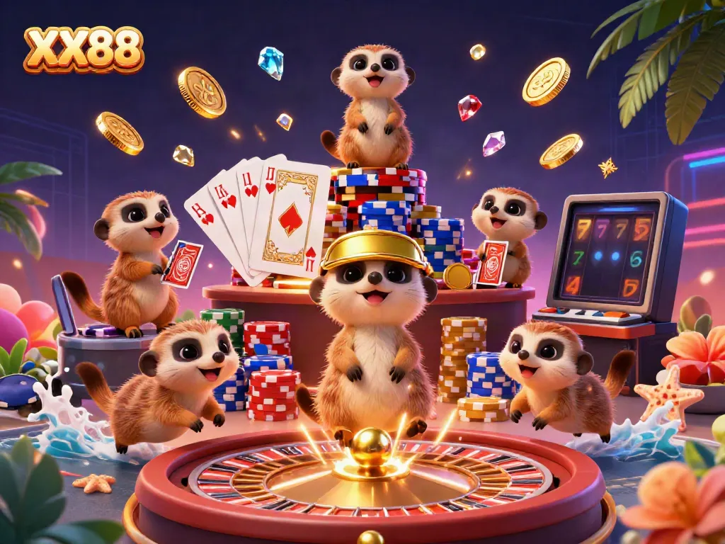 Engage in thrilling gameplay at the XX88 casino with dynamic meerkats managing a vibrant gambling scene.