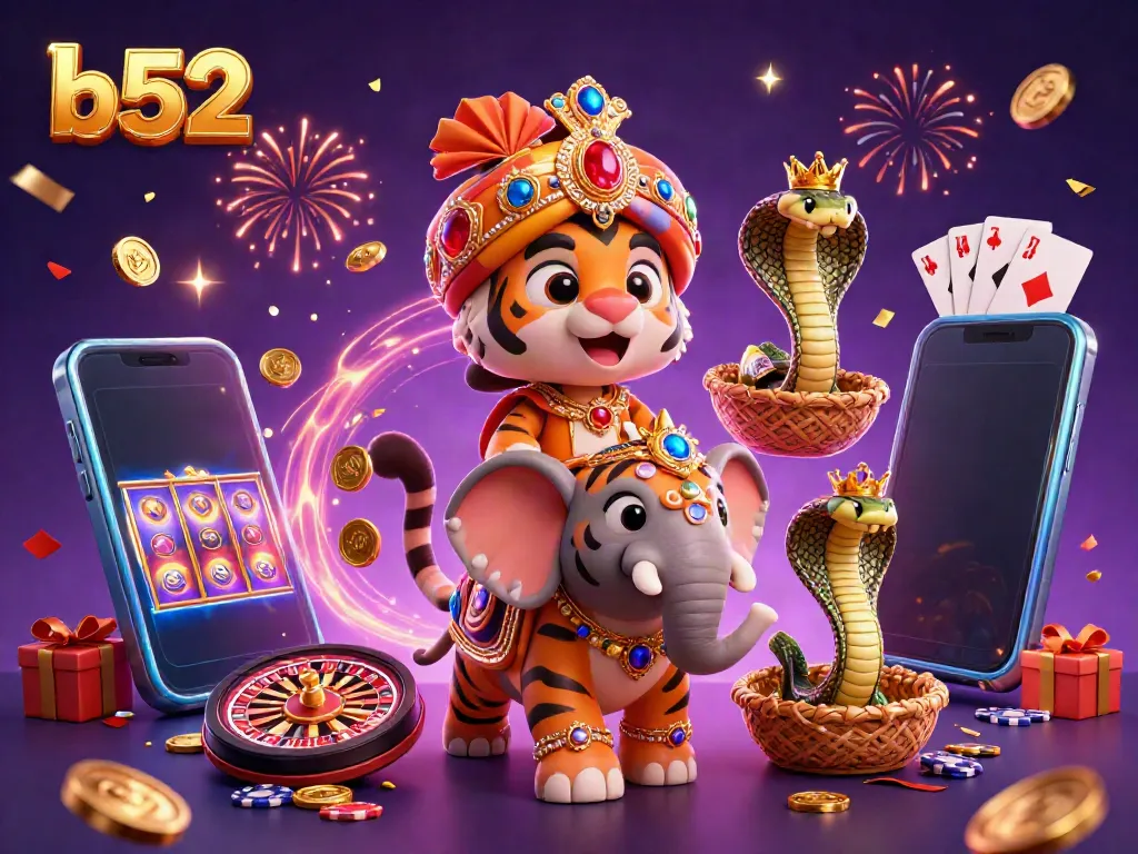 Experience thrilling gameplay with b52, featuring a maharaja tiger, elephant, and casino elements in vibrant 3D.
