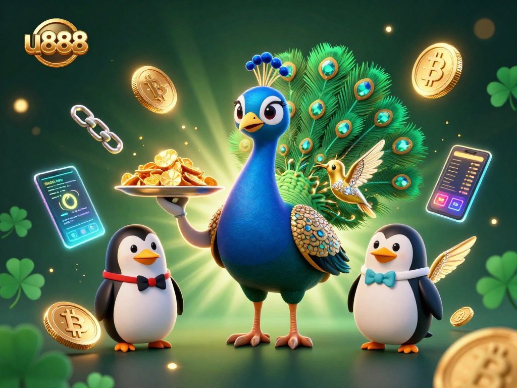Experience thrilling gaming at u888 with a vibrant 3D scene featuring an aristocratic peacock and crypto coins.