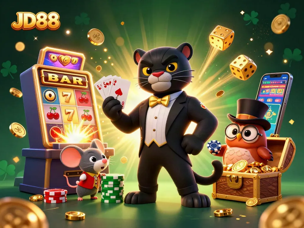 JD88 showcases a lively scene with a panther, owl, and mouse among casino elements.