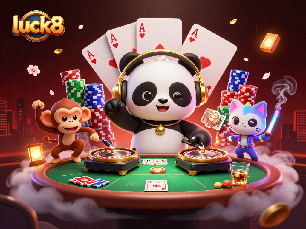 Experience the excitement of luck8 with a lively casino scene featuring a DJ panda, a breakdancing monkey, and a glow-stick kitten.