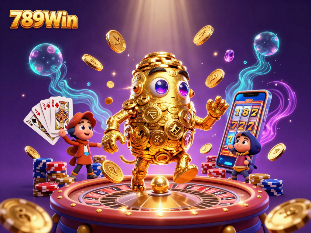 Win big with 789Win in this vibrant casino scene featuring golden golems and slot machines.