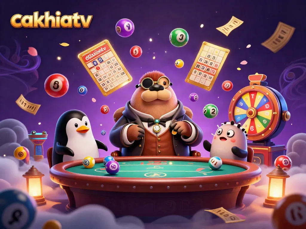 Cakhiatv entertainment scene with a jolly walrus poker player, dynamic lottery elements, creating excitement.