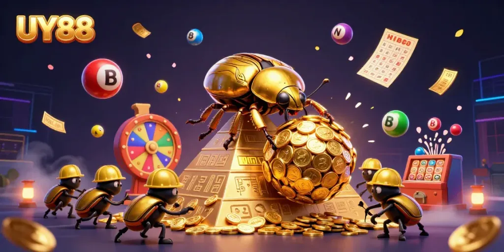 Join the exciting world of UY88 with a dynamic scene featuring golden beetles and casino elements.