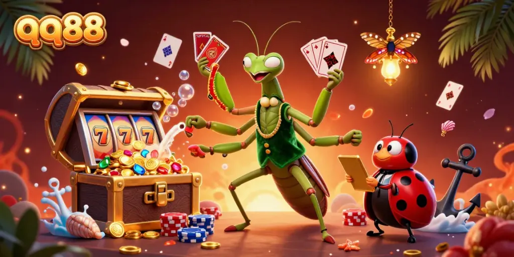 Experience the excitement of qq88 with vibrant casino-themed elements in a 3D cartoon scene.