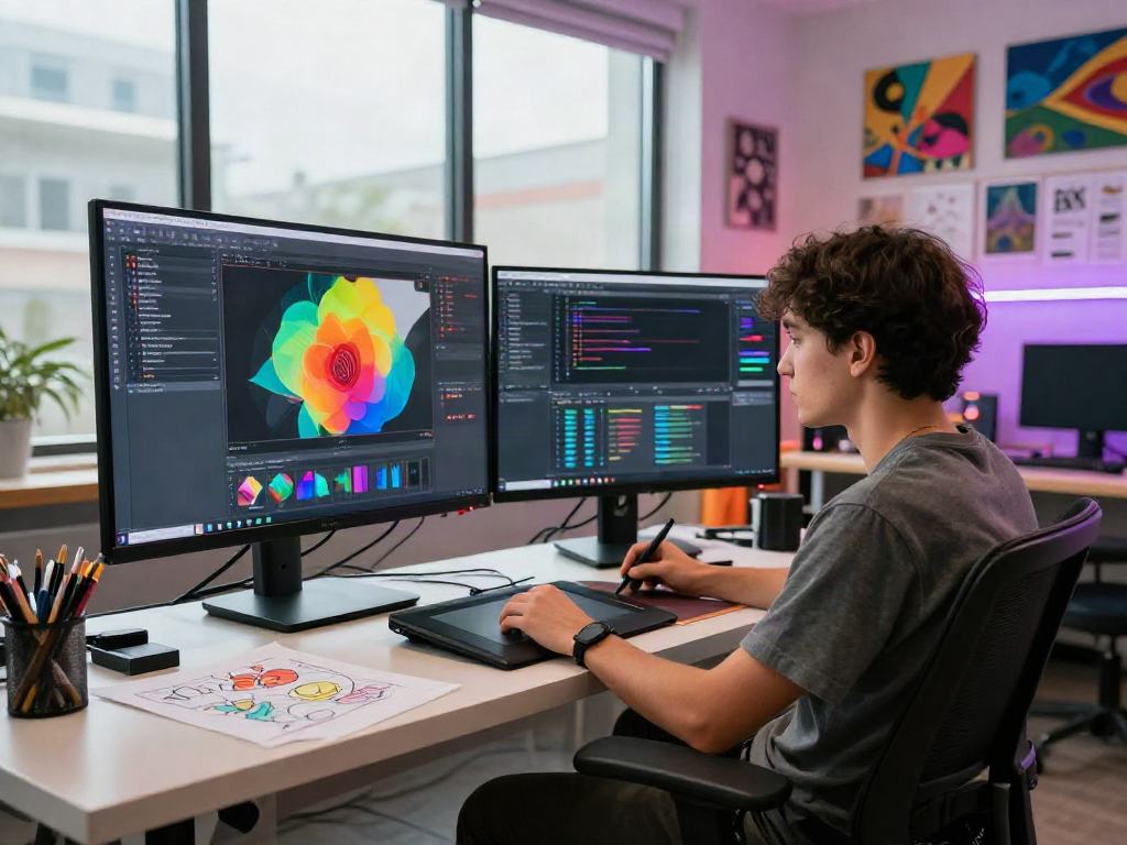 Artist creating nsfw ai content in a colorful digital studio.