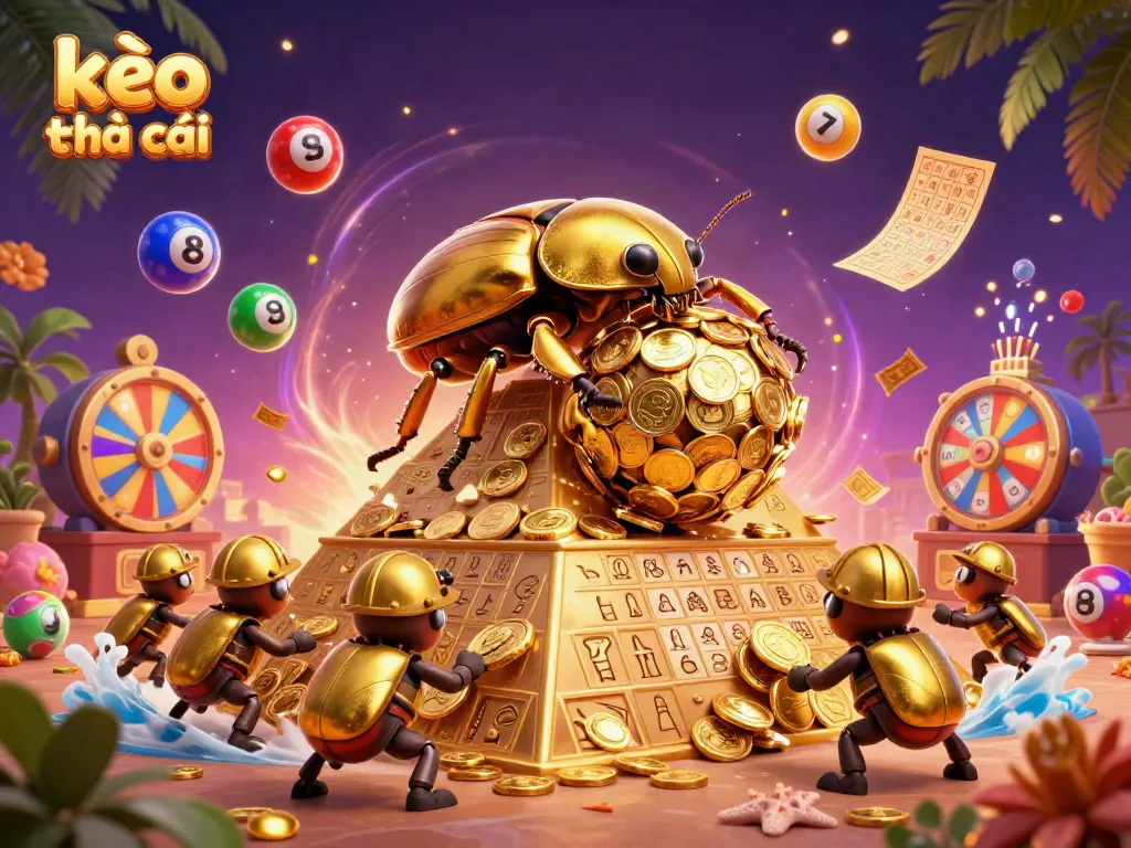 Engage with kèo nhà cái through an illustrative scene of a golden dung beetle rolling coins amidst lottery elements.
