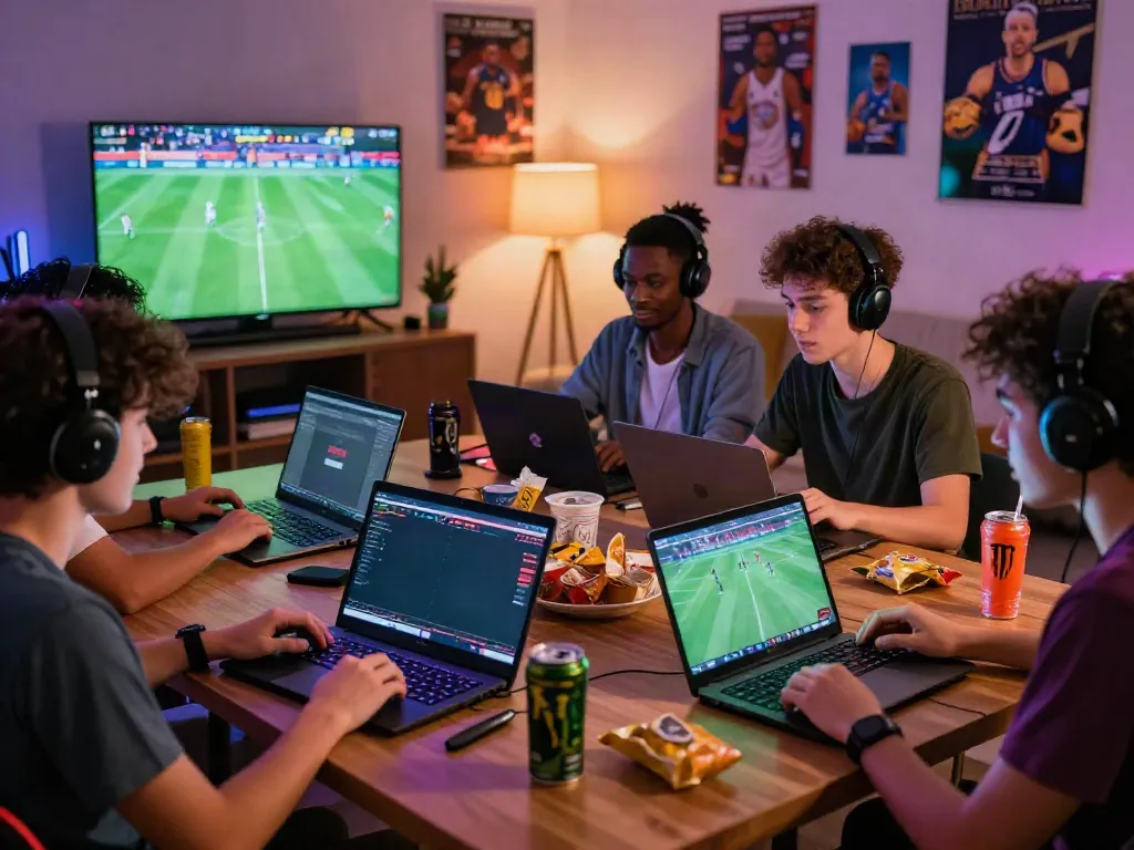 Engaged players enjoying a bet at home while watching sports, showcasing the debet experience.