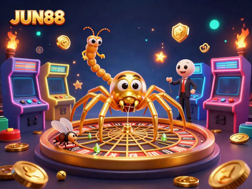 Experience thrilling bets at JUN88 with a 3D cartoon scene of a golden spider and centipede croupier.