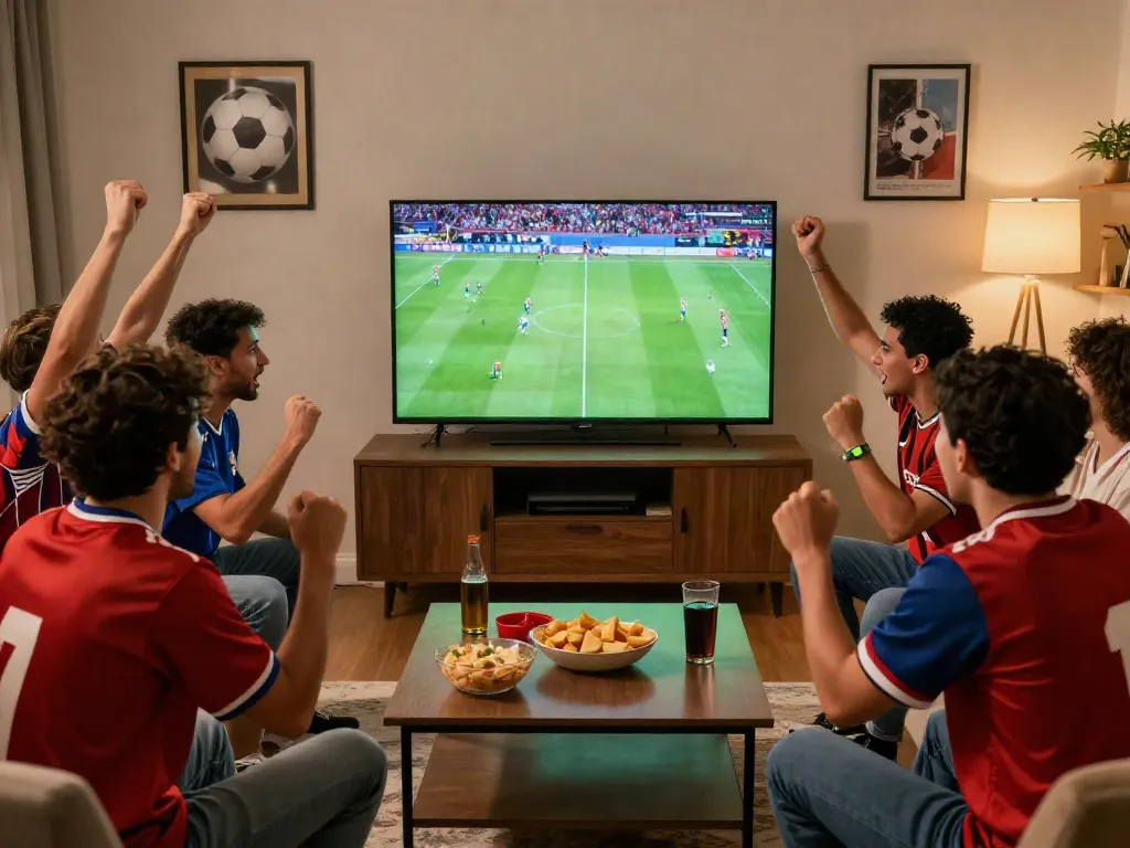 Group of friends enjoying the live football streaming on xoilactv during a match