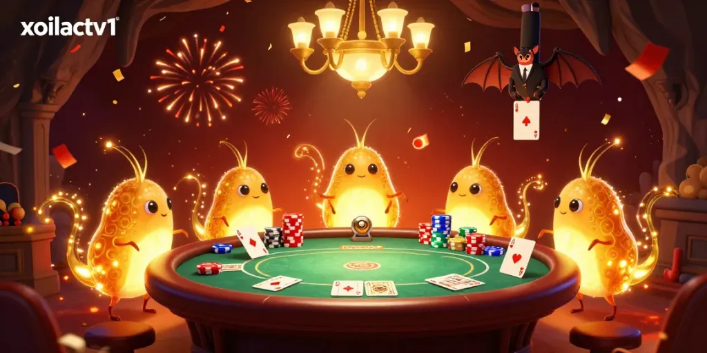 Experience the vibrant energy of the xoilactv1 casino with glowing glowworms illuminating the poker table.