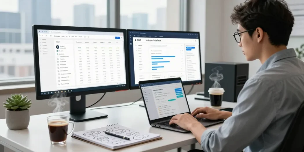 Digital marketer using AI SEO tools in a modern office setting for effective content strategy.