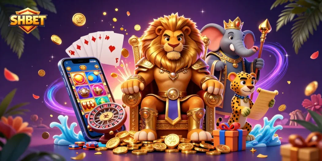 SHBET showcases a vibrant casino scene with a fierce lion king, elephant advisor, and cheetah messenger.