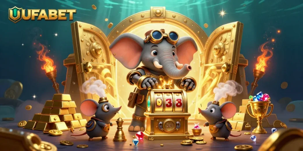 Spin the UFABET slot machine surrounded by treasure and animated characters in a vibrant casino scene.